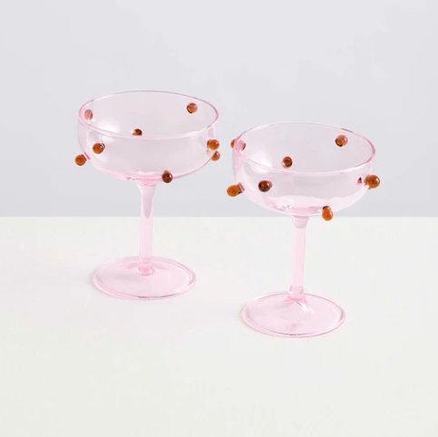 Set of 2 Pomponette Champagne Coupes in Pink and Amber