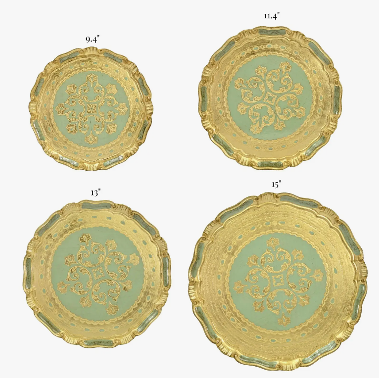 Green Med Florentine Carved Gilded Wood Circle Tray