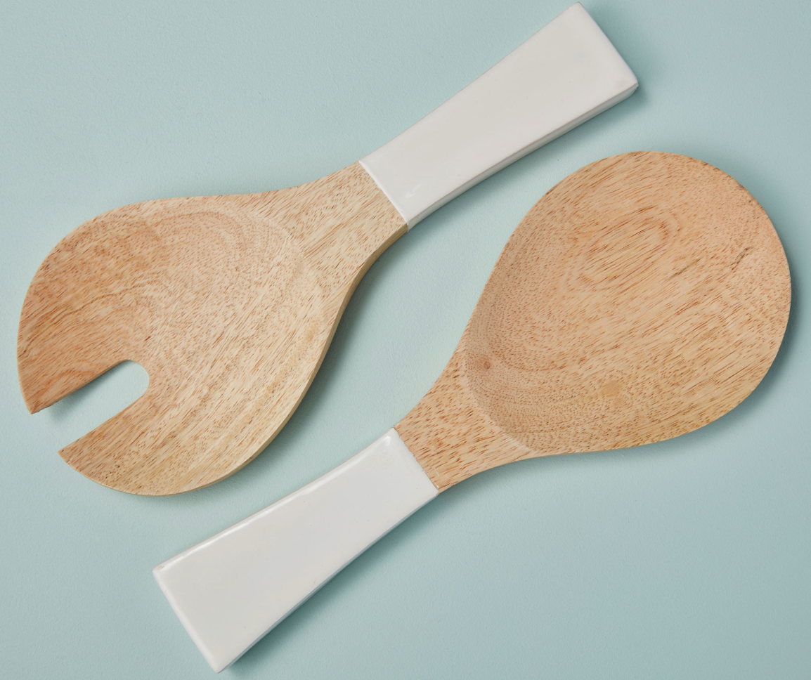 Mango Wood and White Enamel Serving Set Short - The Grey Pearl